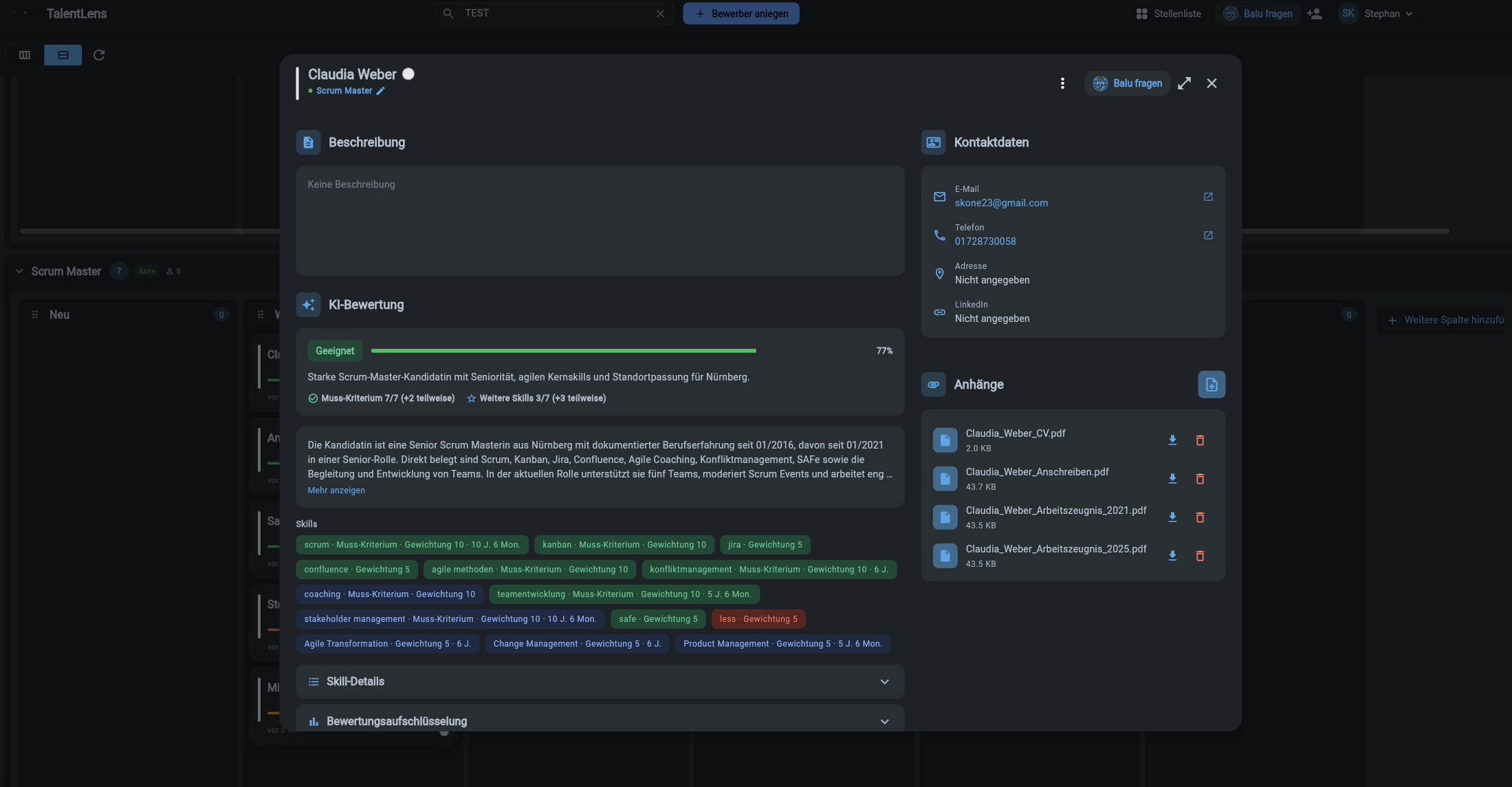 humatter Kandidatenprofil im Dark Mode